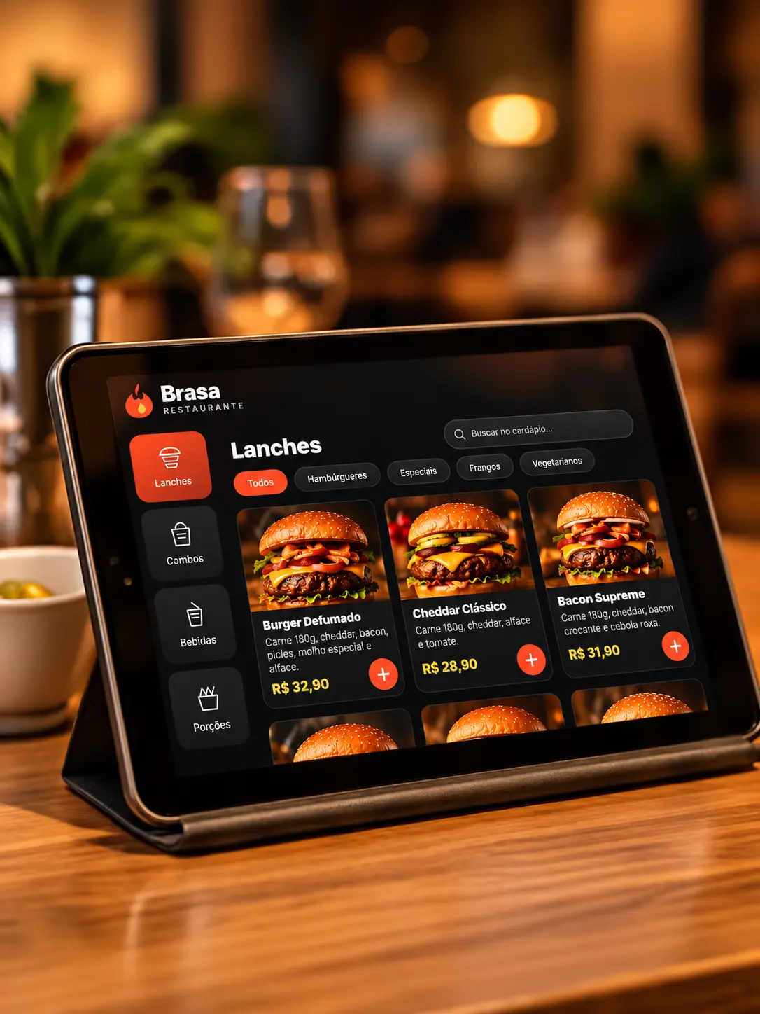 Tablet Tably Mesa em uma mesa de restaurante com interface ilustrativa de pedidos