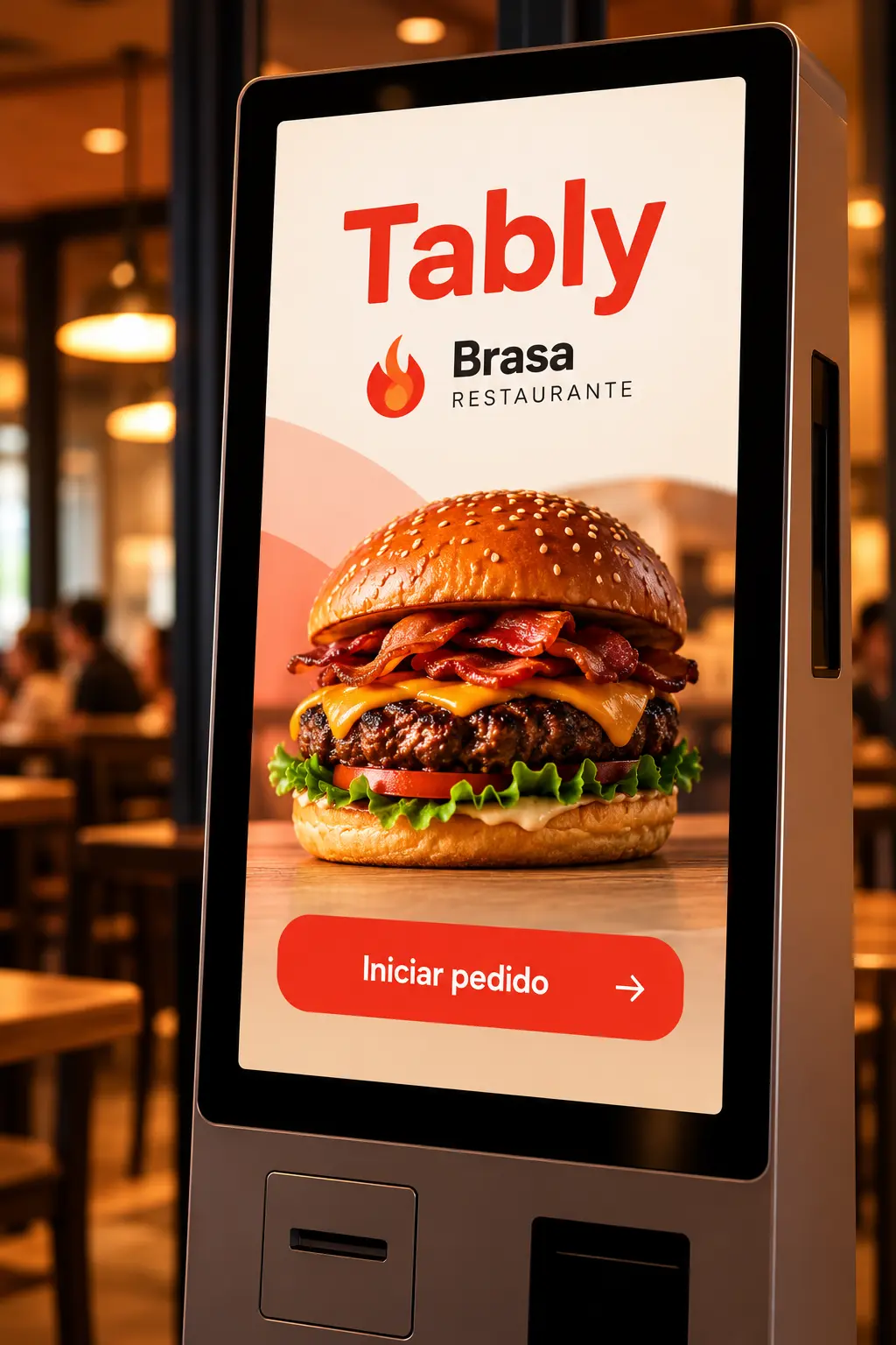 Totem Tably em restaurante com tela de personalização de pedidos de hambúrguer